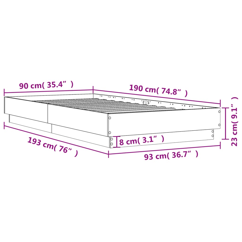 vidaXL Bed Frame without Mattress Sonoma Oak 90x190 cm Single Engineered Wood