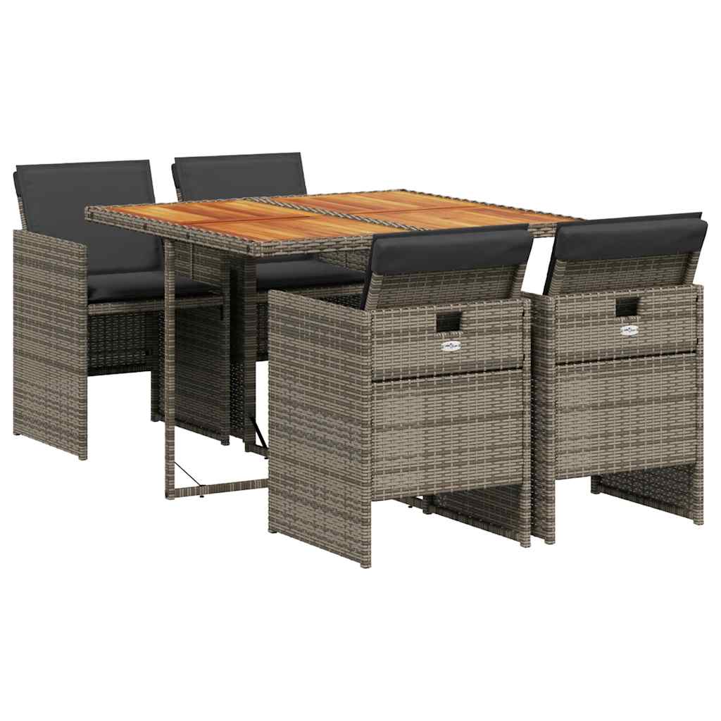 5 Piece Garden Dining Set with Cushions Grey Poly Rattan