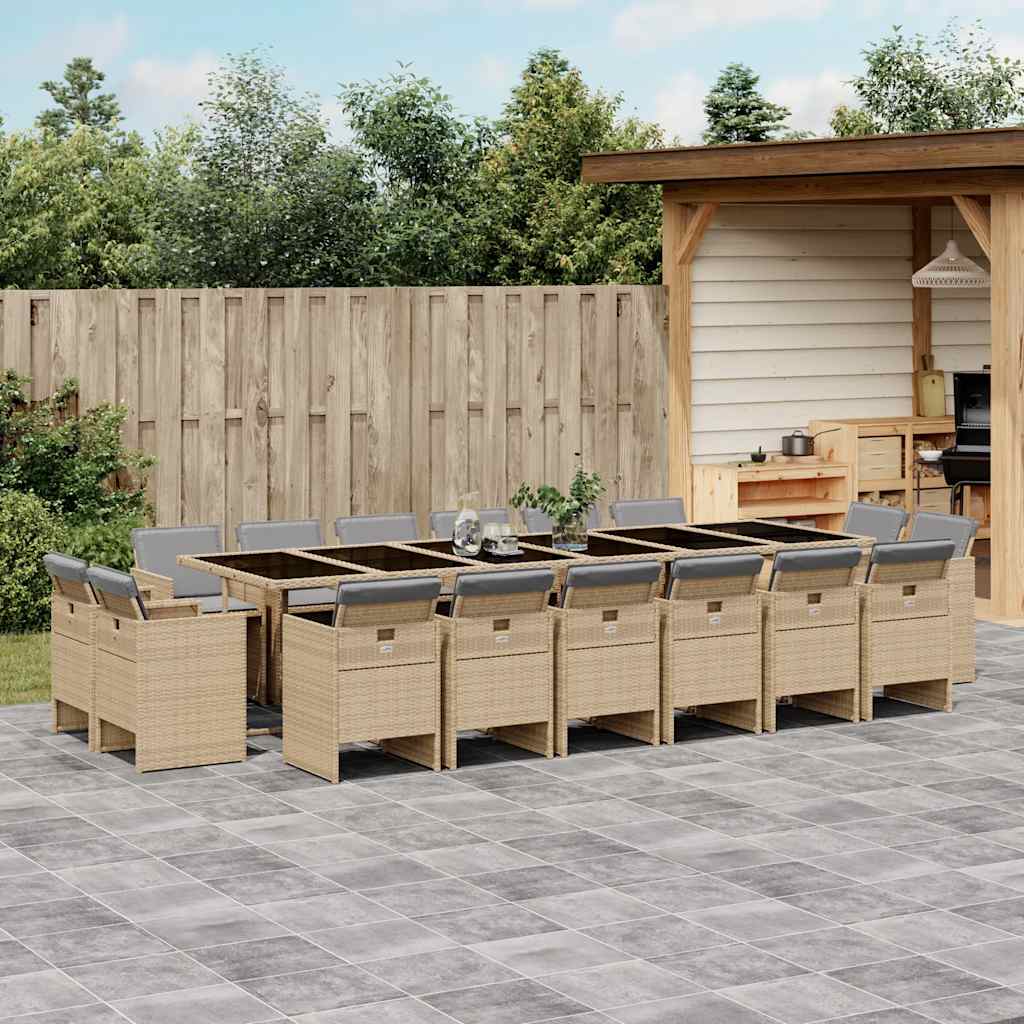 17 Piece Garden Dining Set with Cushions Mix Beige Poly Rattan
