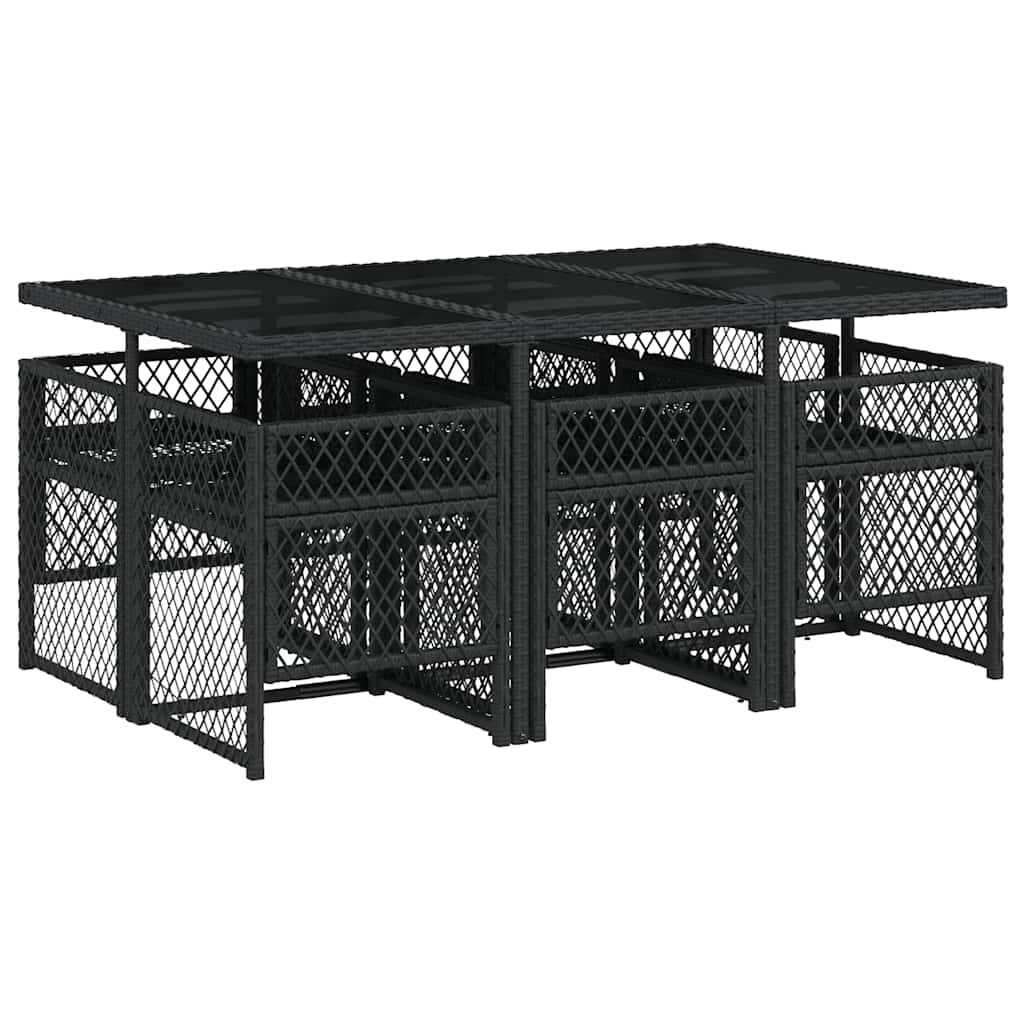 7 Piece Garden Dining Set with Cushions Black Poly Rattan
