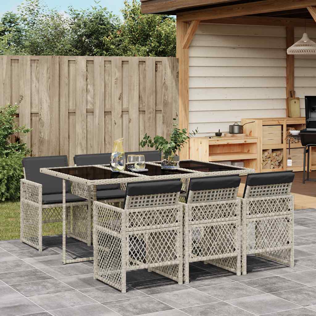 7 Piece Garden Dining Set with Cushions Light Grey Poly Rattan