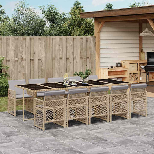 11 Piece Garden Dining Set with Cushions Beige Poly Rattan