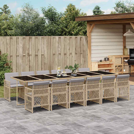 13 Piece Garden Dining Set with Cushions Beige Poly Rattan