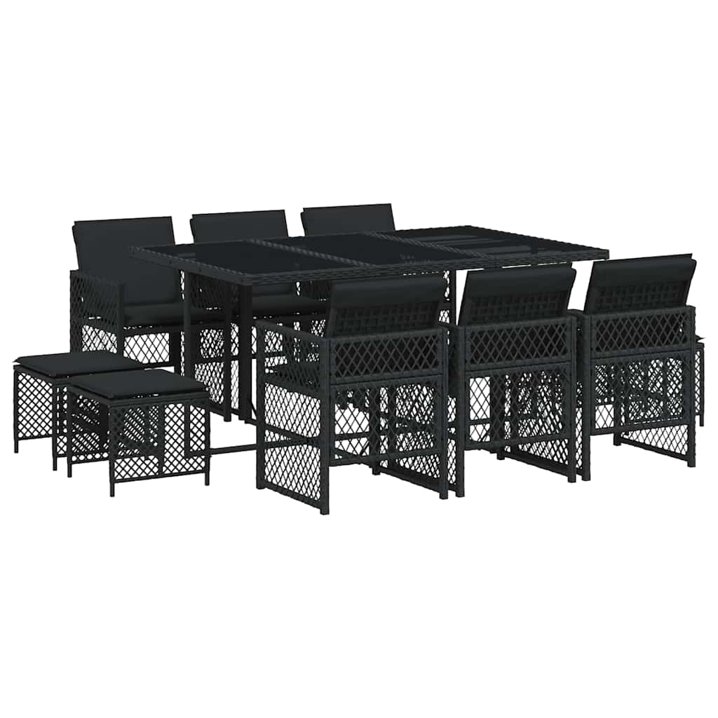 11 Piece Garden Dining Set with Cushions Black Poly Rattan