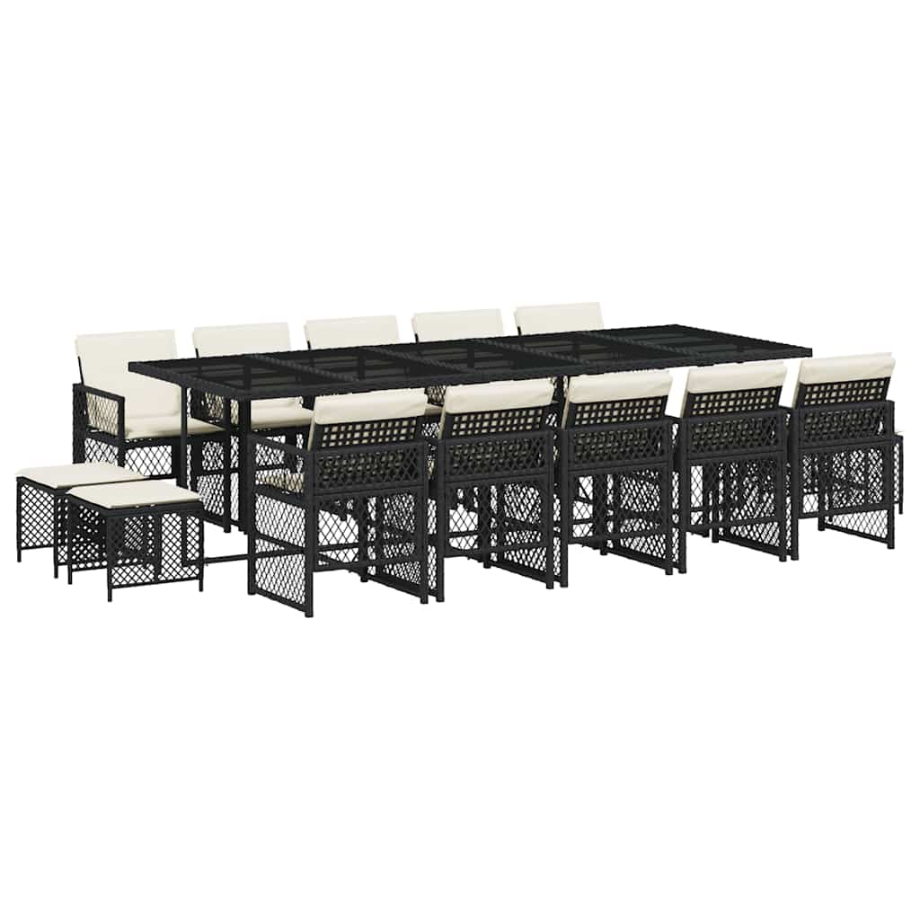 15 Piece Garden Dining Set with Cushions Black Poly Rattan