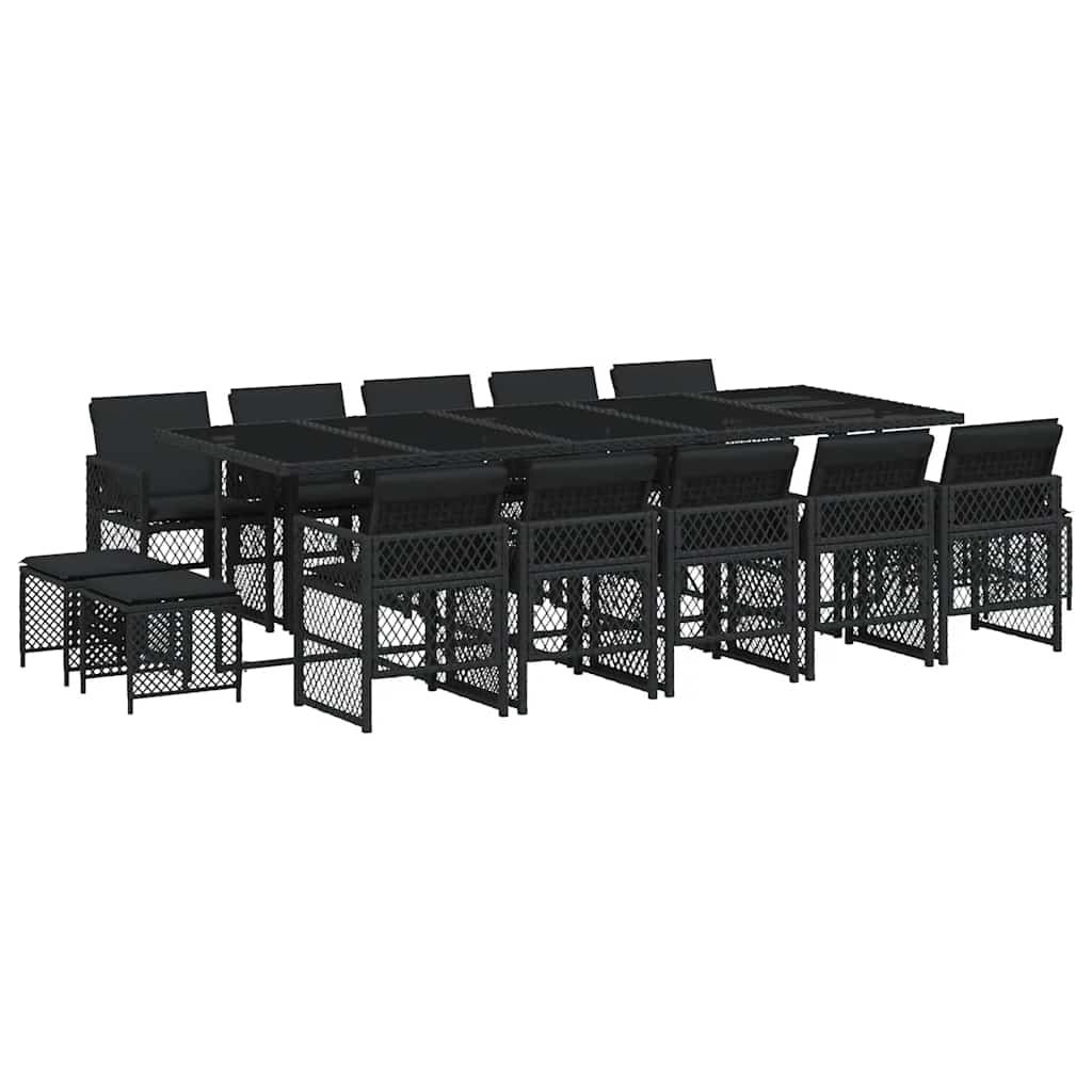 15 Piece Garden Dining Set with Cushions Black Poly Rattan