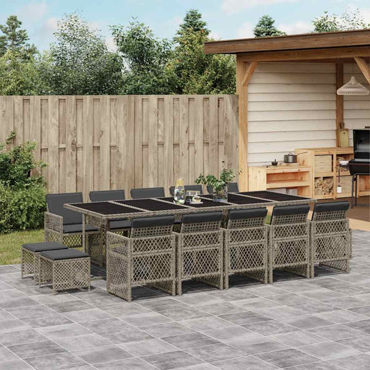 15 Piece Garden Dining Set with Cushions Grey Poly Rattan