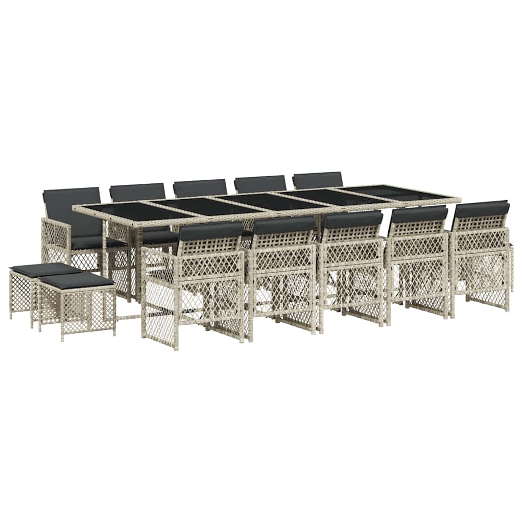 15 Piece Garden Dining Set with Cushions Light Grey Poly Rattan