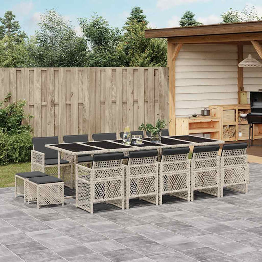 15 Piece Garden Dining Set with Cushions Light Grey Poly Rattan