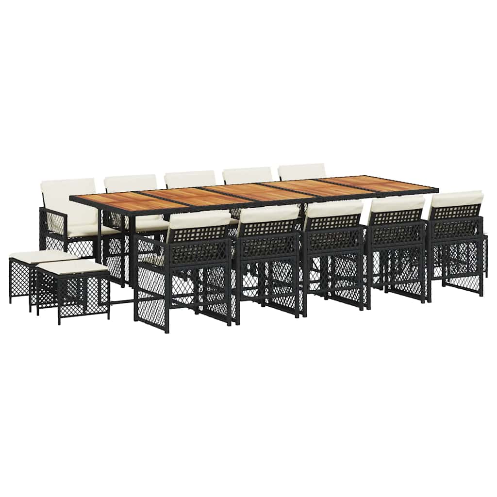 15 Piece Garden Dining Set with Cushions Black Poly Rattan