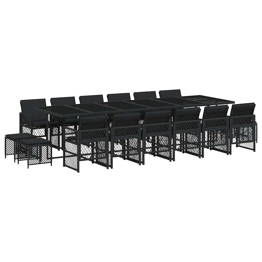 17 Piece Garden Dining Set with Cushions Black Poly Rattan