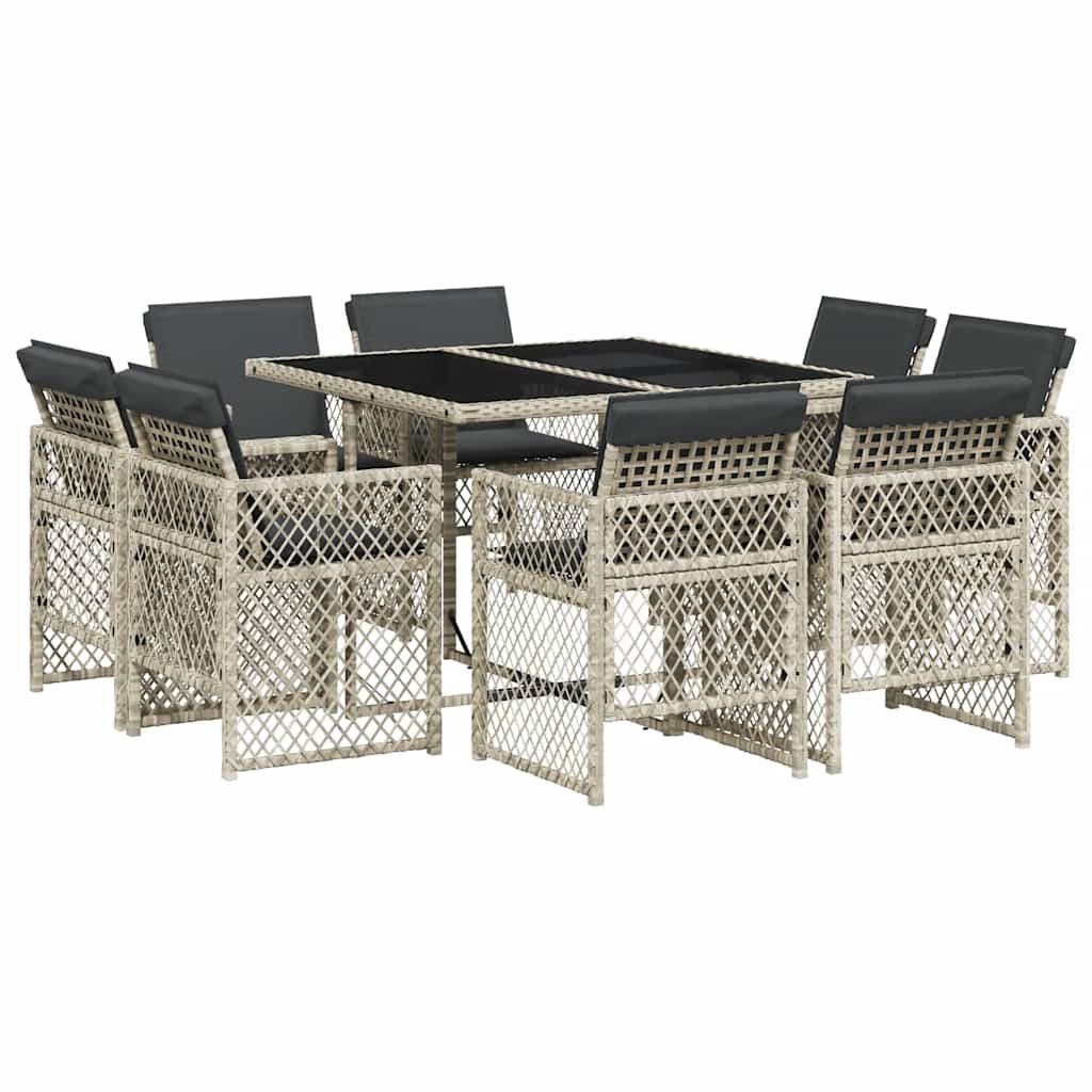 9 Piece Garden Dining Set with Cushions Light Grey Poly Rattan