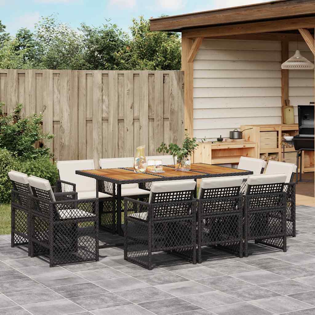11 Piece Garden Dining Set with Cushions Black Poly Rattan