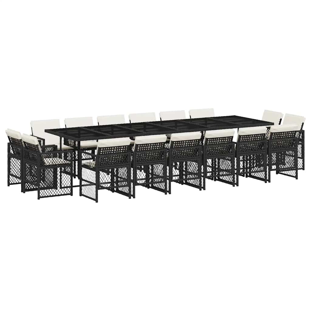 17 Piece Garden Dining Set with Cushions Black Poly Rattan