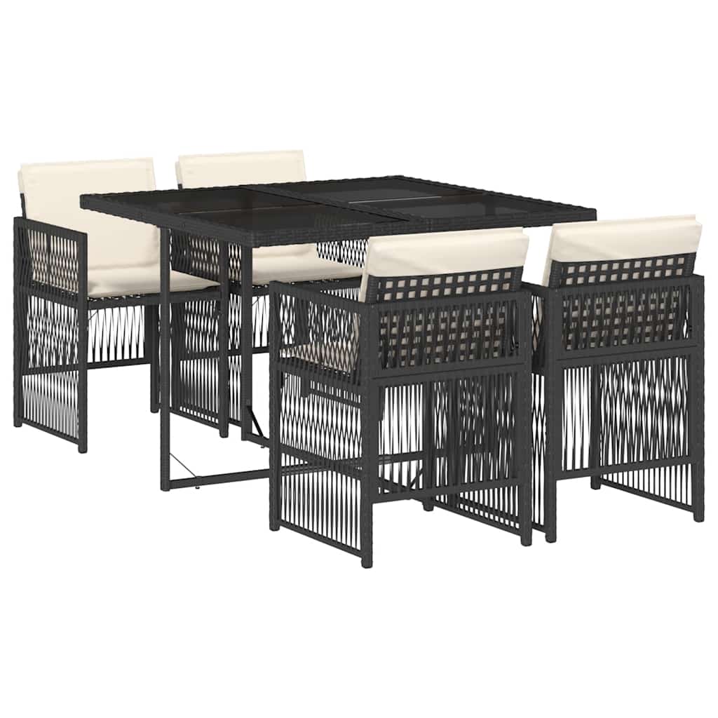 5 Piece Garden Dining Set with Cushions Black Poly Rattan