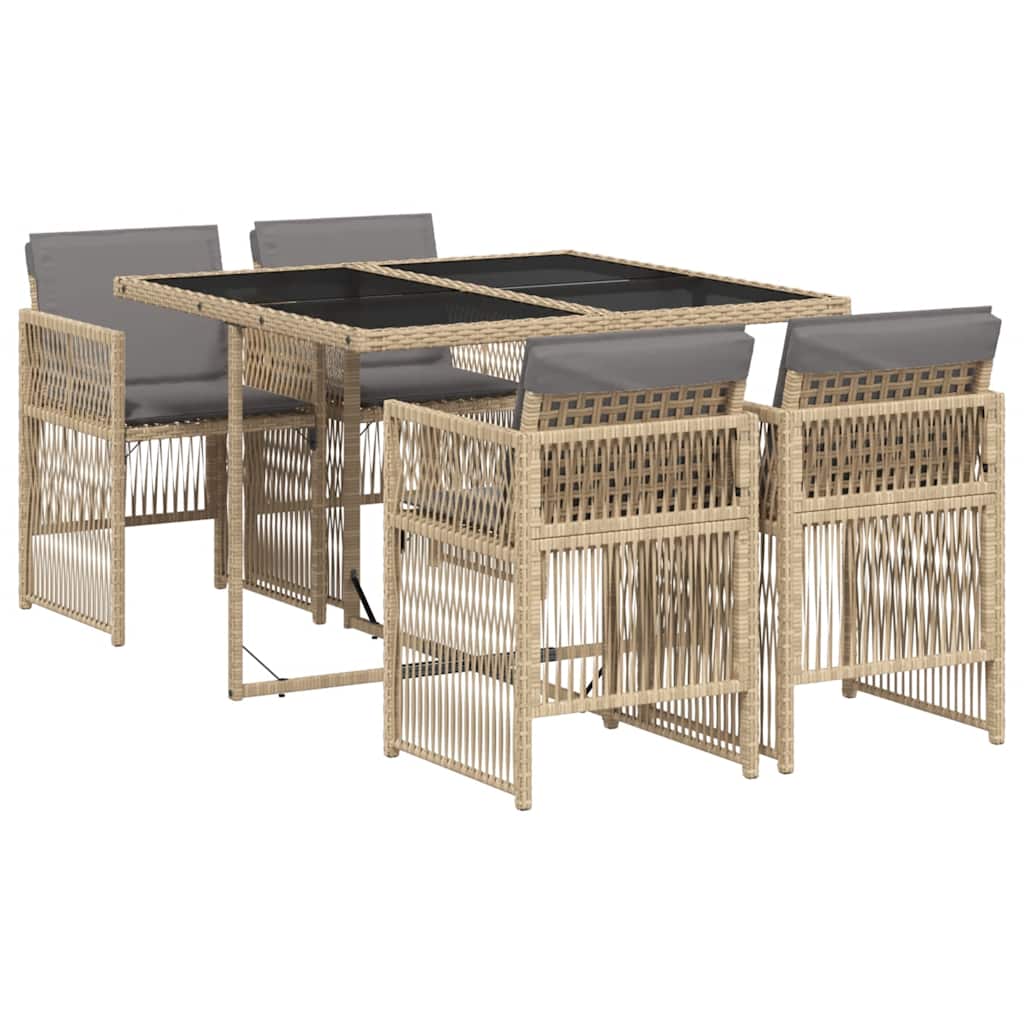 5 Piece Garden Dining Set with Cushions Mix Beige Poly Rattan