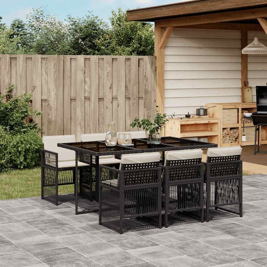 7 Piece Garden Dining Set with Cushions Black Poly Rattan