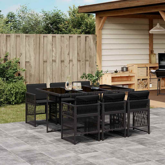 7 Piece Garden Dining Set with Cushions Black Poly Rattan
