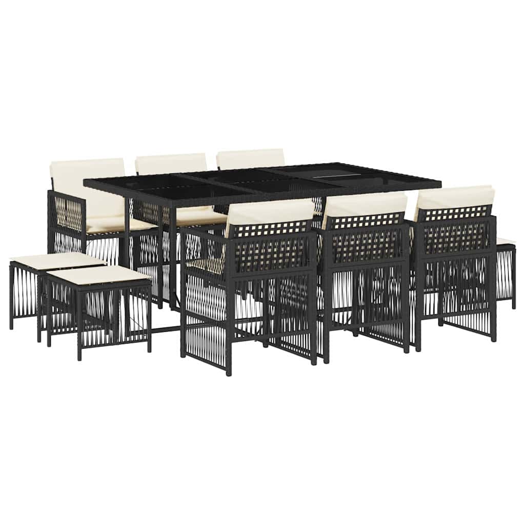 11 Piece Garden Dining Set with Cushions Black Poly Rattan