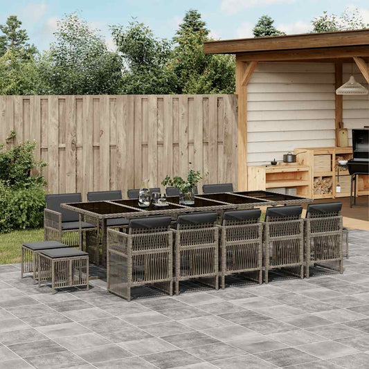 15 Piece Garden Dining Set with Cushions Grey Poly Rattan