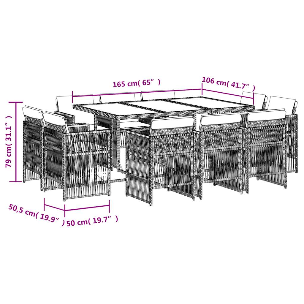 11 Piece Garden Dining Set with Cushions Grey Poly Rattan