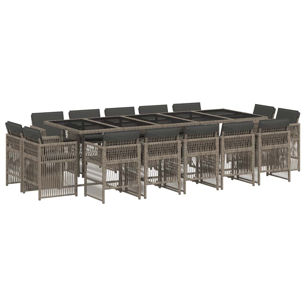 15 Piece Garden Dining Set with Cushions Grey Poly Rattan
