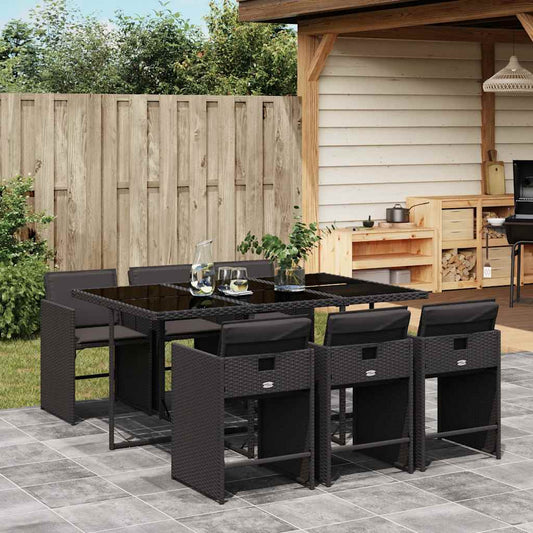 7 Piece Garden Dining Set with Cushions Black Poly Rattan