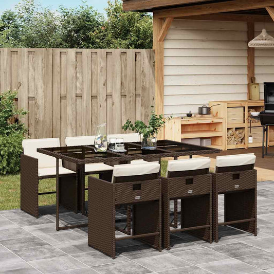 7 Piece Garden Dining Set with Cushions Brown Poly Rattan