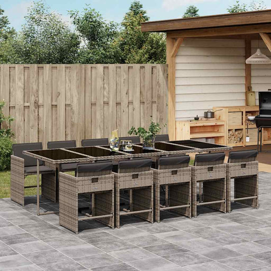 11 Piece Garden Dining Set with Cushions Grey Poly Rattan