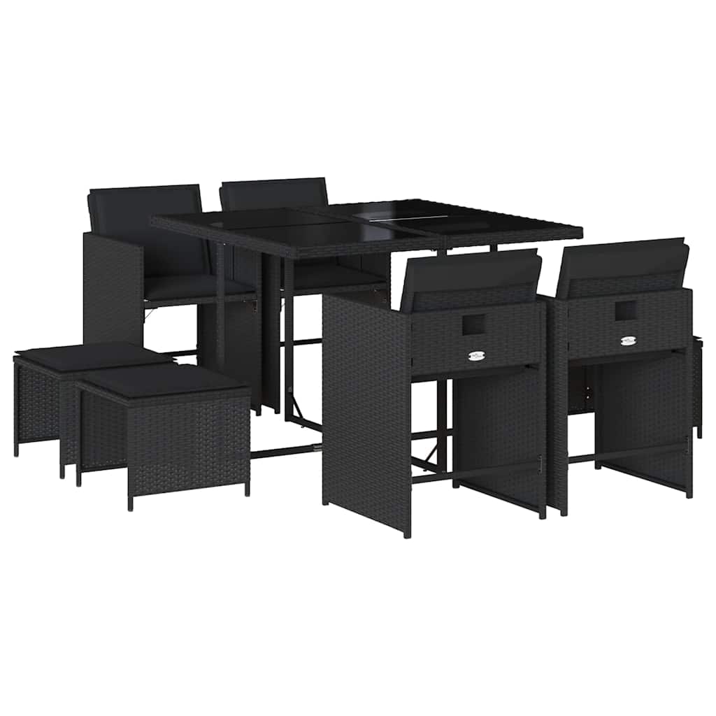 9 Piece Garden Dining Set with Cushions Black Poly Rattan