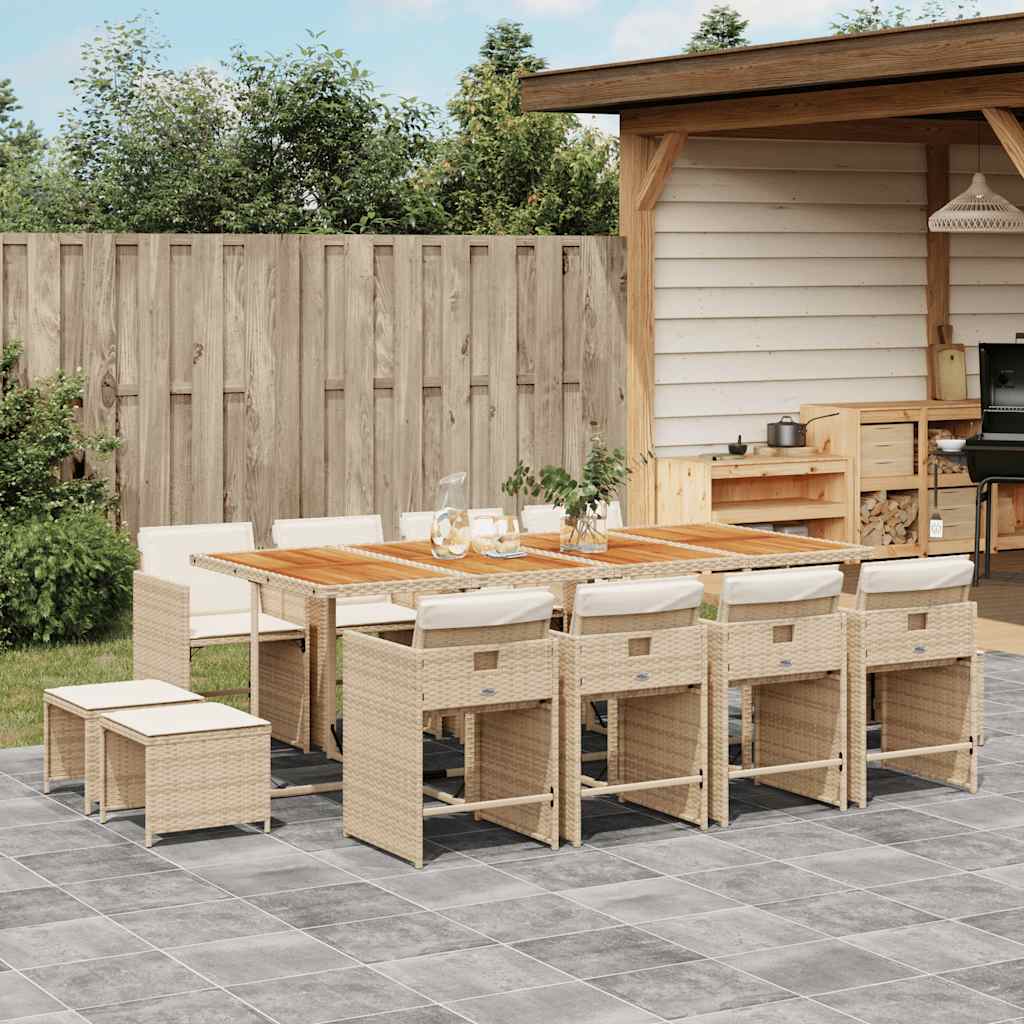 13 Piece Garden Dining Set with Cushions Beige Poly Rattan