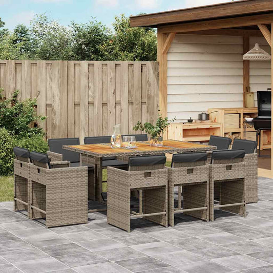 11 Piece Garden Dining Set with Cushions Grey Poly Rattan