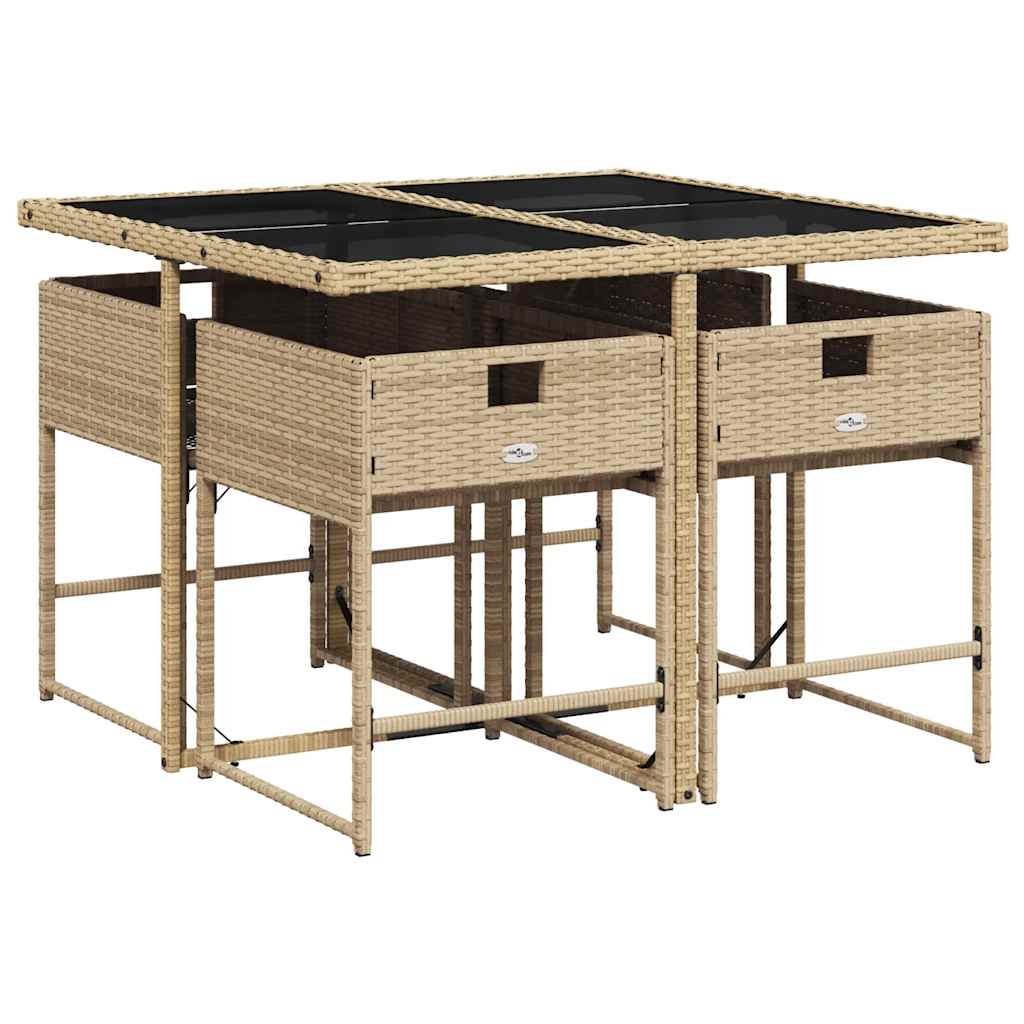 5 Piece Garden Dining Set with Cushions Beige Poly Rattan
