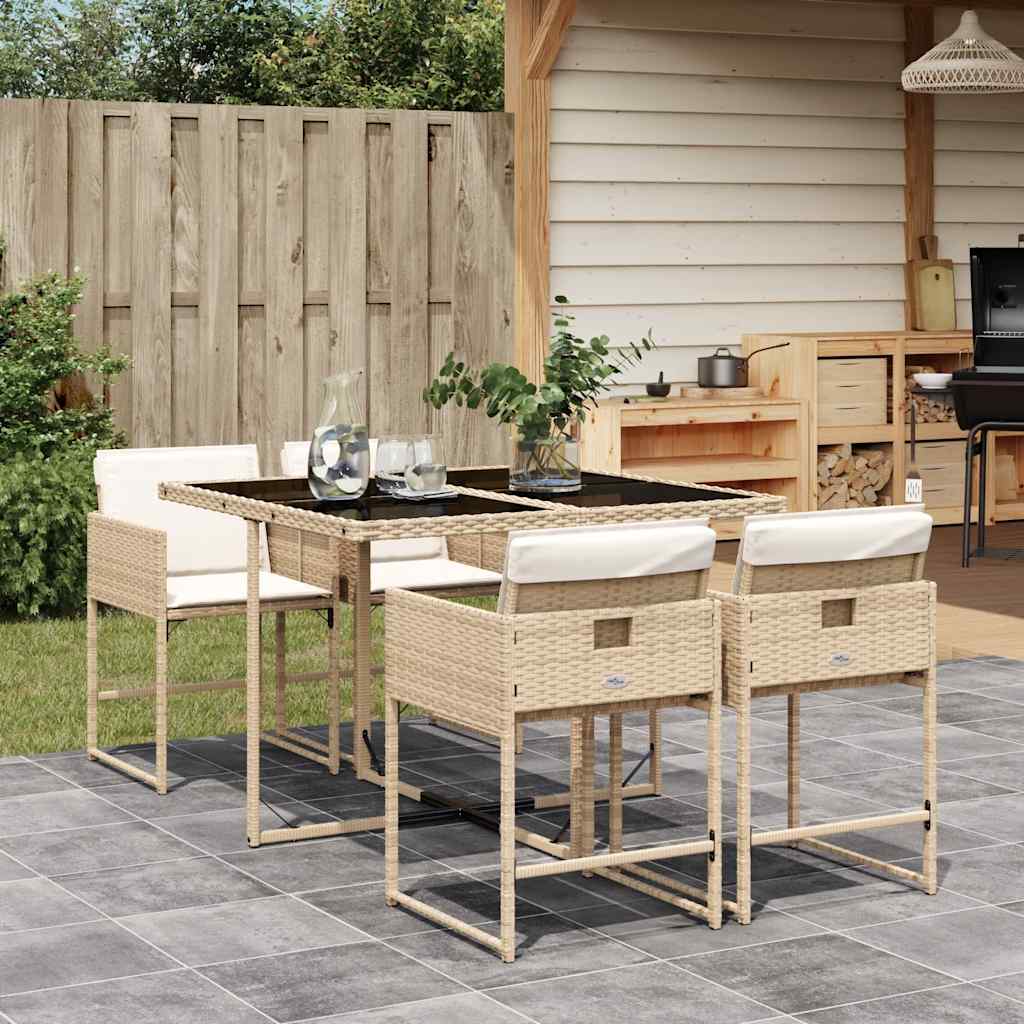 5 Piece Garden Dining Set with Cushions Beige Poly Rattan