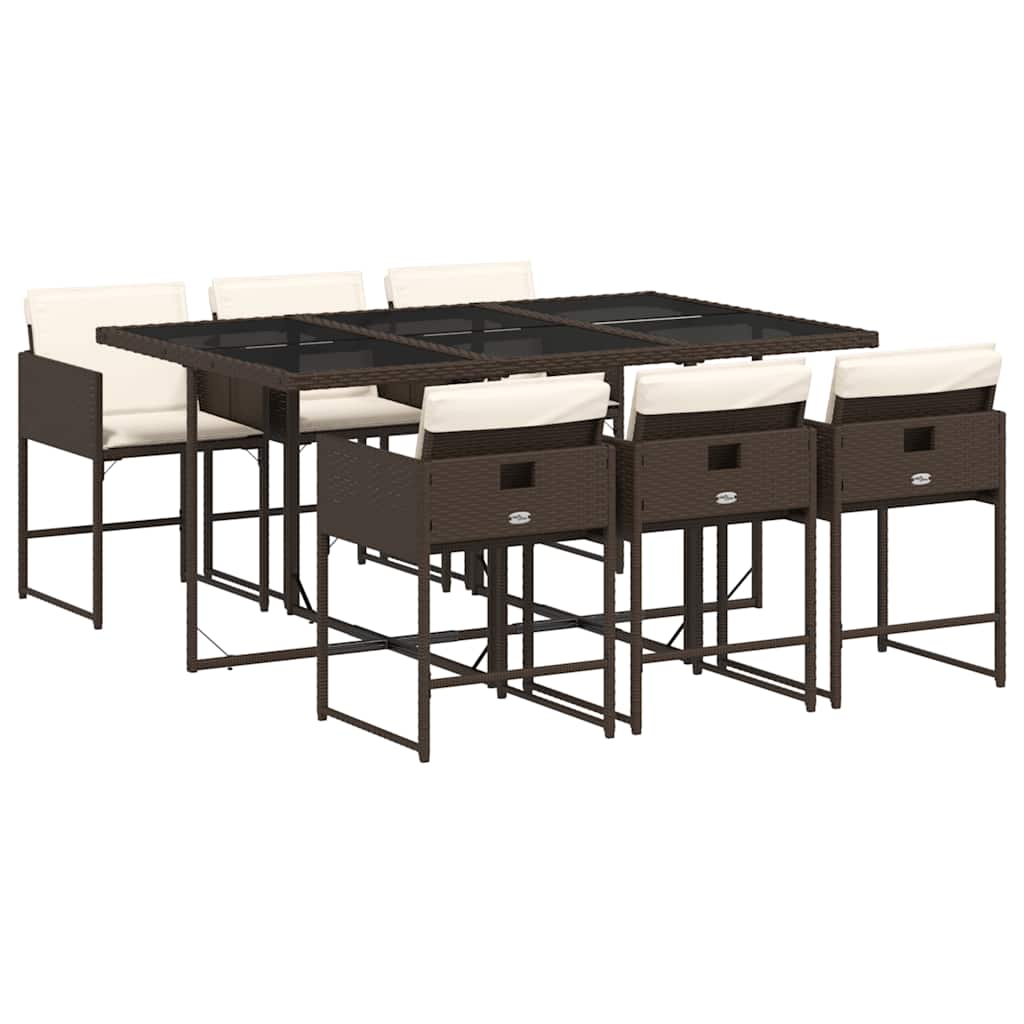 7 Piece Garden Dining Set with Cushions Brown Poly Rattan
