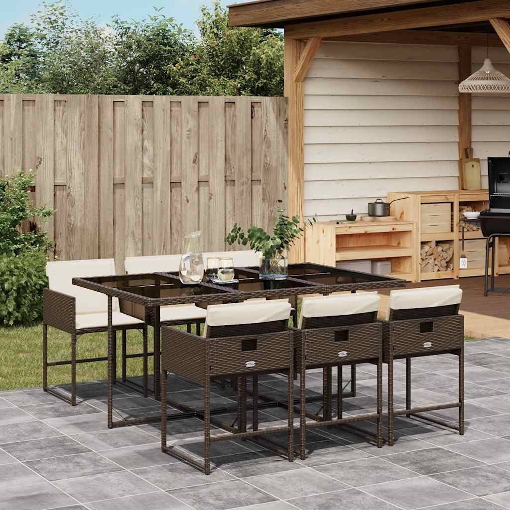 7 Piece Garden Dining Set with Cushions Brown Poly Rattan