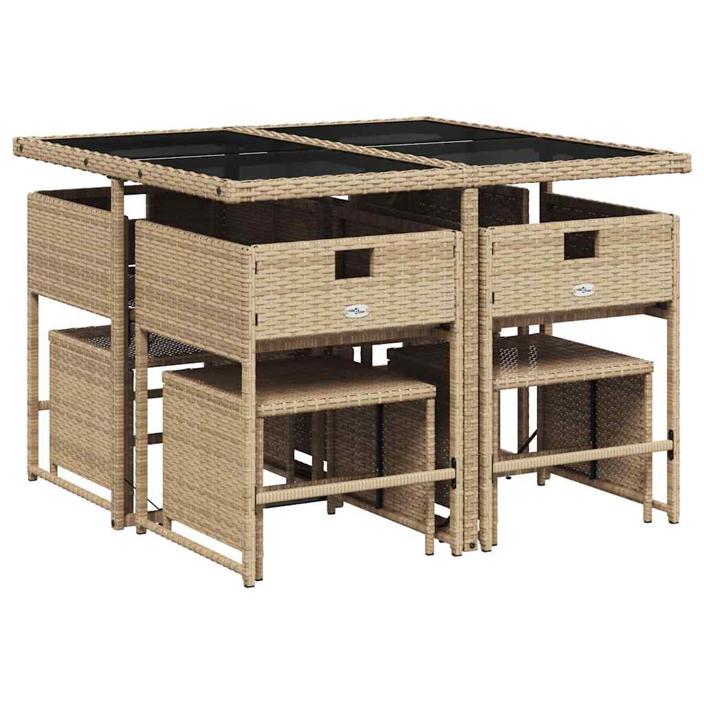9 Piece Garden Dining Set with Cushions Beige Poly Rattan