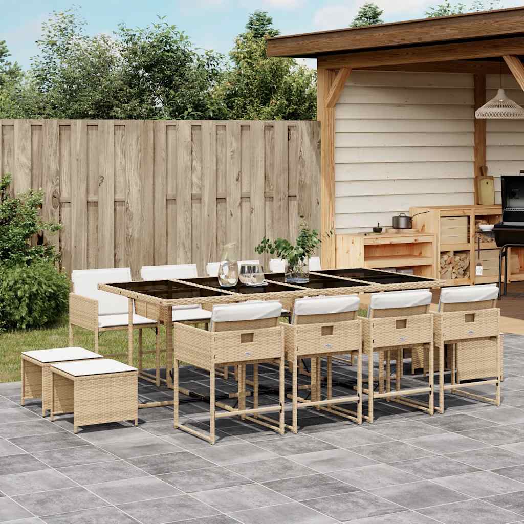 13 Piece Garden Dining Set with Cushions Beige Poly Rattan
