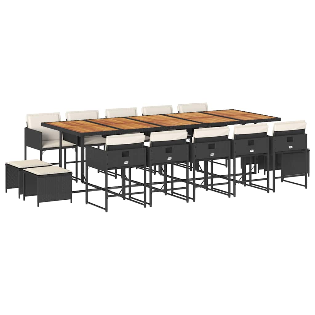 15 Piece Garden Dining Set with Cushions Black Poly Rattan