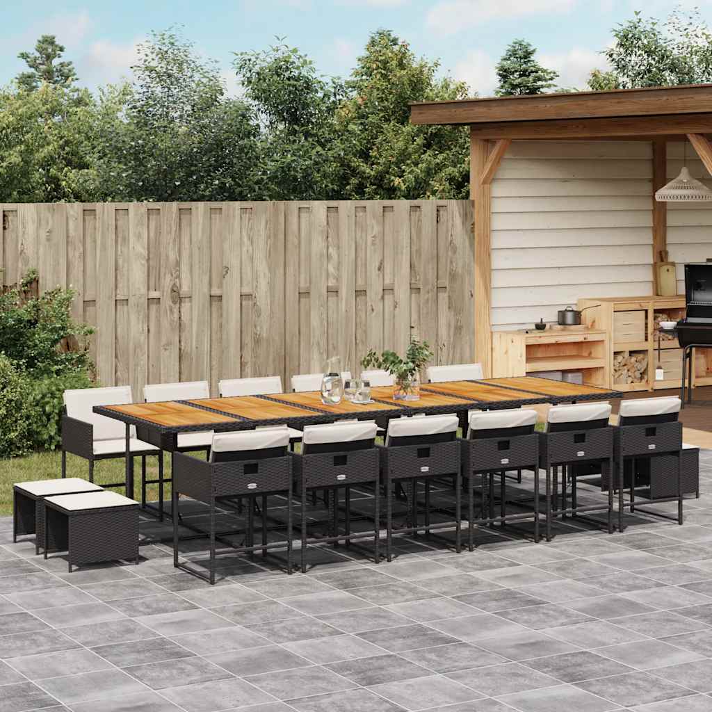 17 Piece Garden Dining Set with Cushions Black Poly Rattan