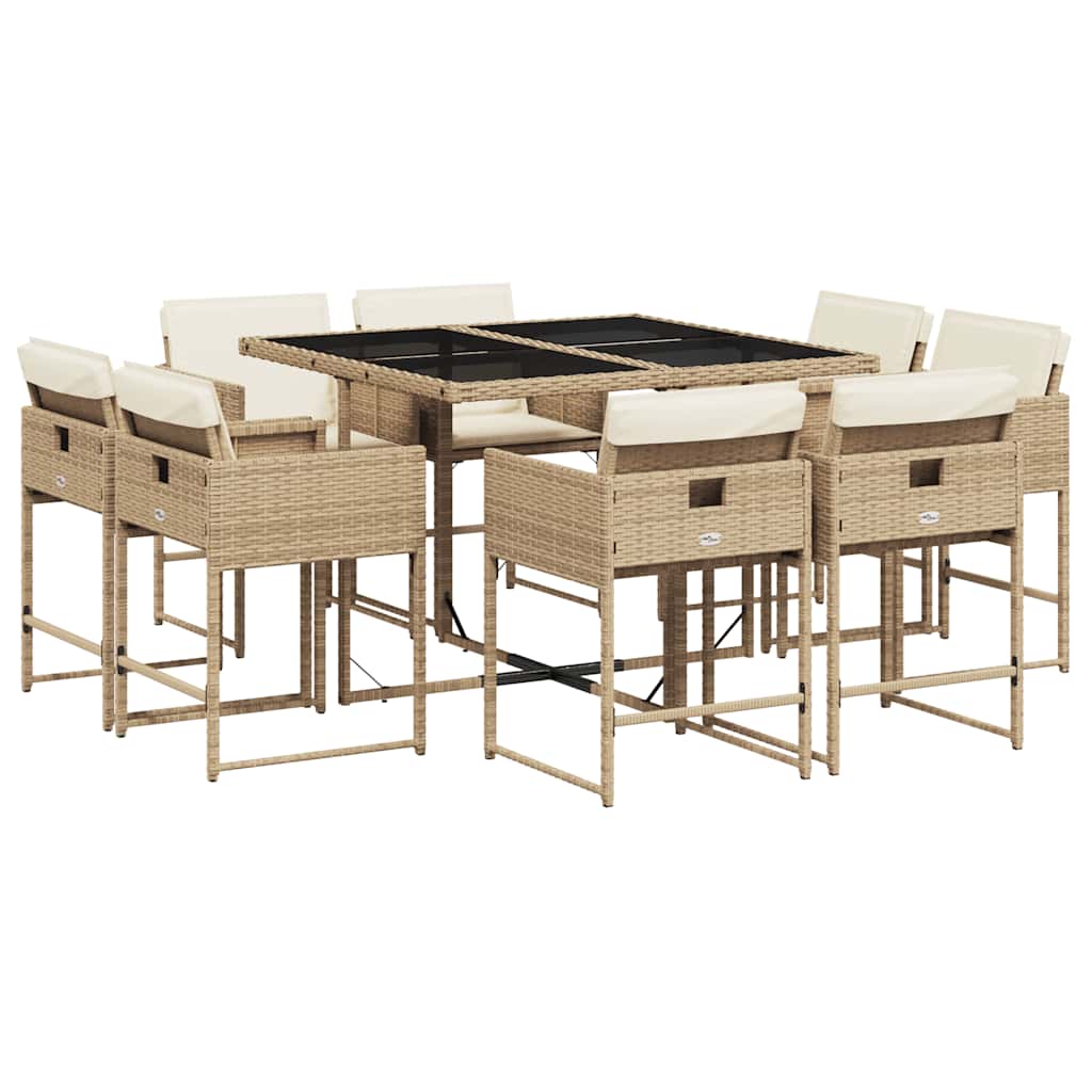 9 Piece Garden Dining Set with Cushions Beige Poly Rattan