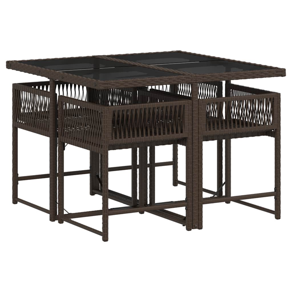 5 Piece Garden Dining Set with Cushions Brown Poly Rattan