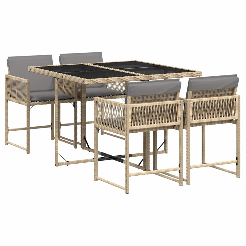 5 Piece Garden Dining Set with Cushions Mix Beige Poly Rattan
