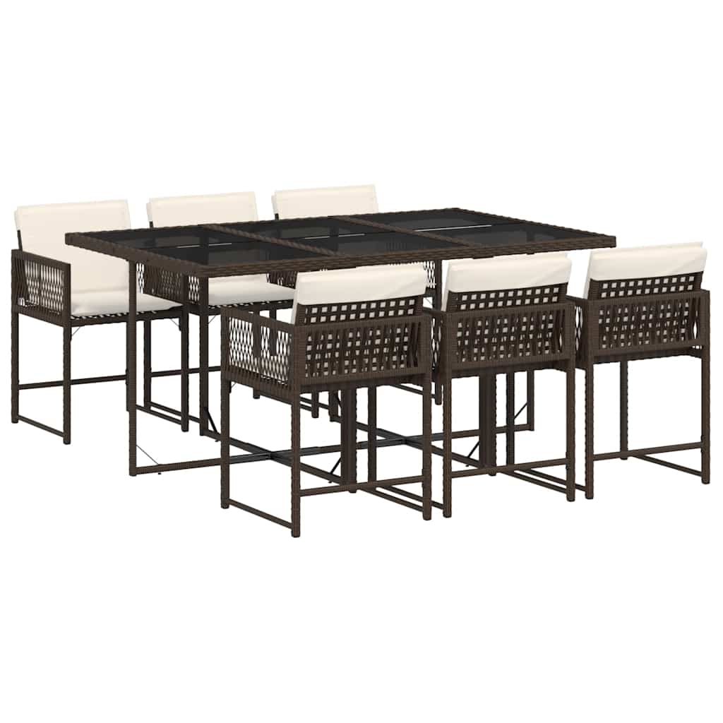 7 Piece Garden Dining Set with Cushions Brown Poly Rattan