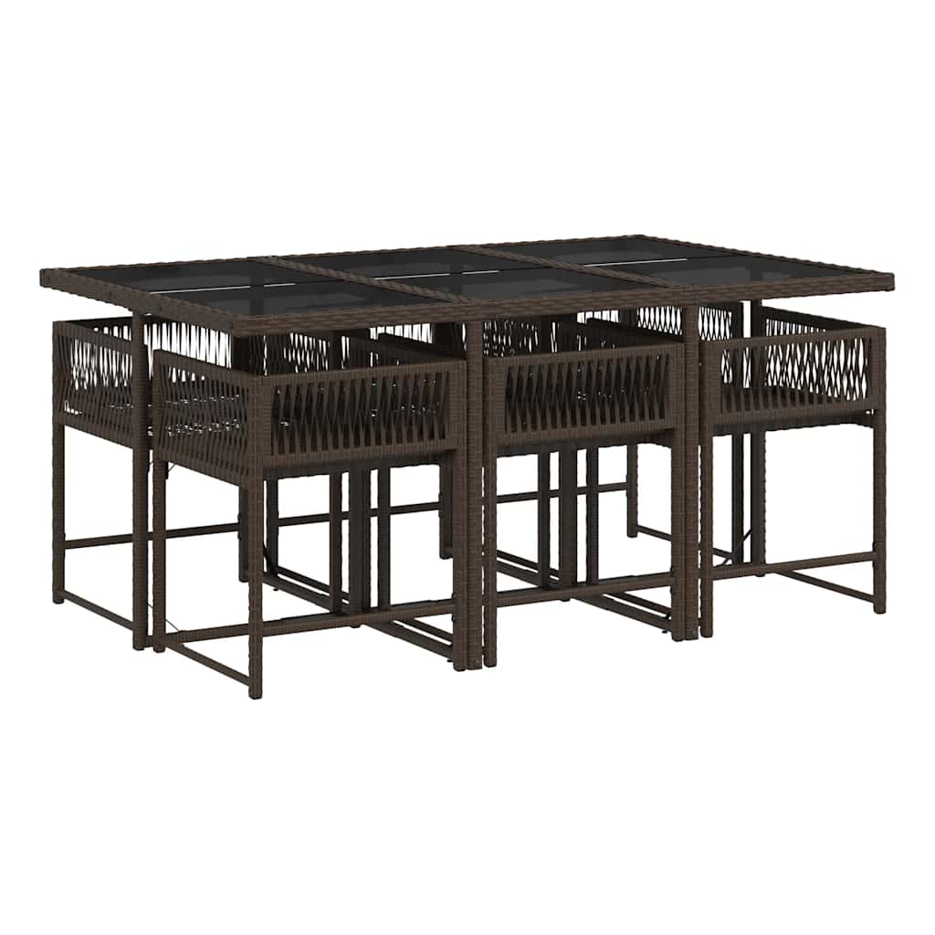 7 Piece Garden Dining Set with Cushions Brown Poly Rattan