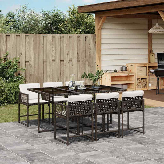 7 Piece Garden Dining Set with Cushions Brown Poly Rattan