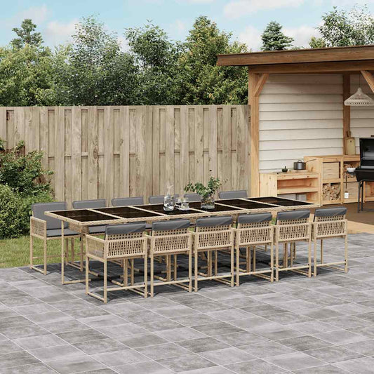 13 Piece Garden Dining Set with Cushions Mix Beige Poly Rattan