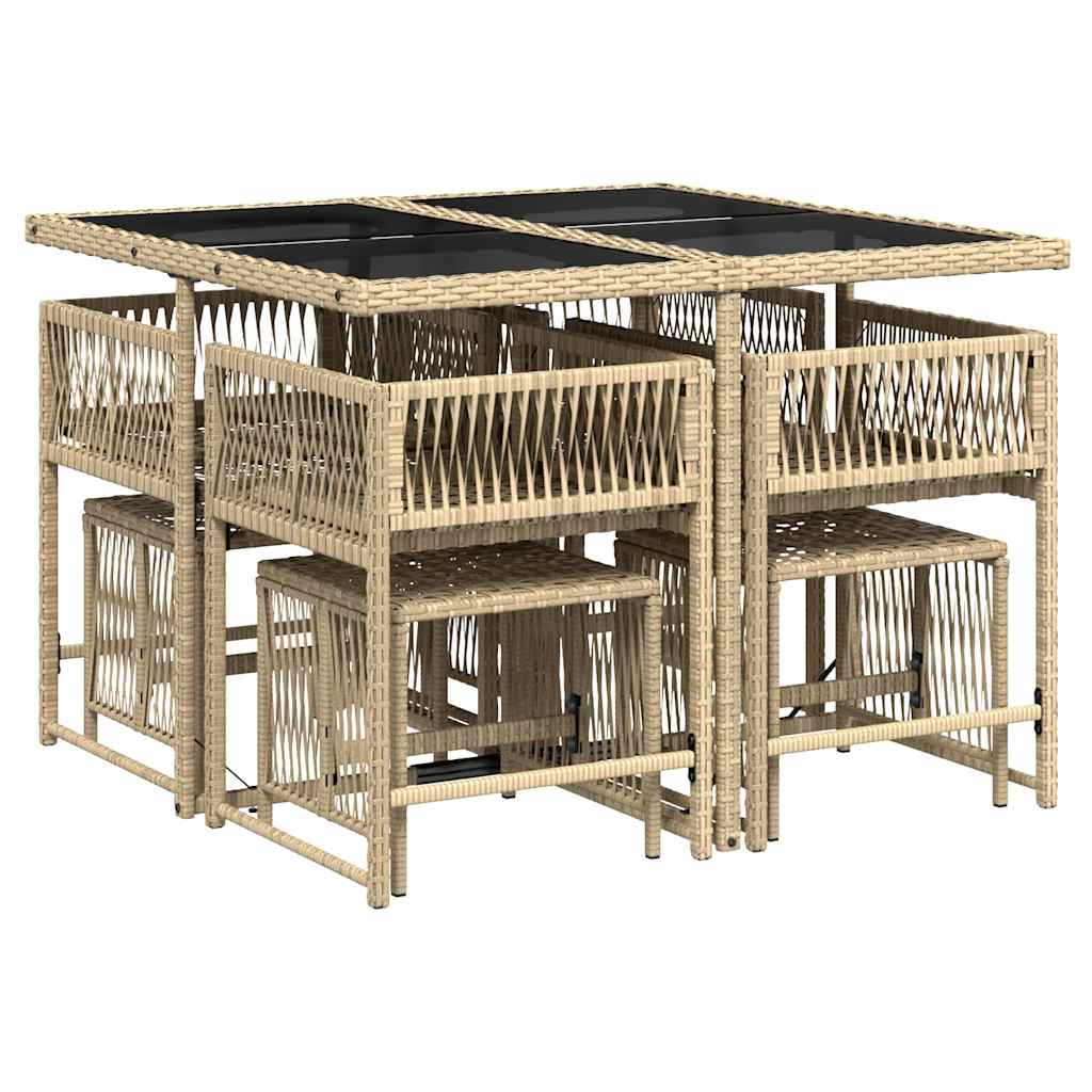 9 Piece Garden Dining Set with Cushions Mix Beige Poly Rattan