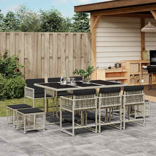 11 Piece Garden Dining Set with Cushions Light Grey Poly Rattan