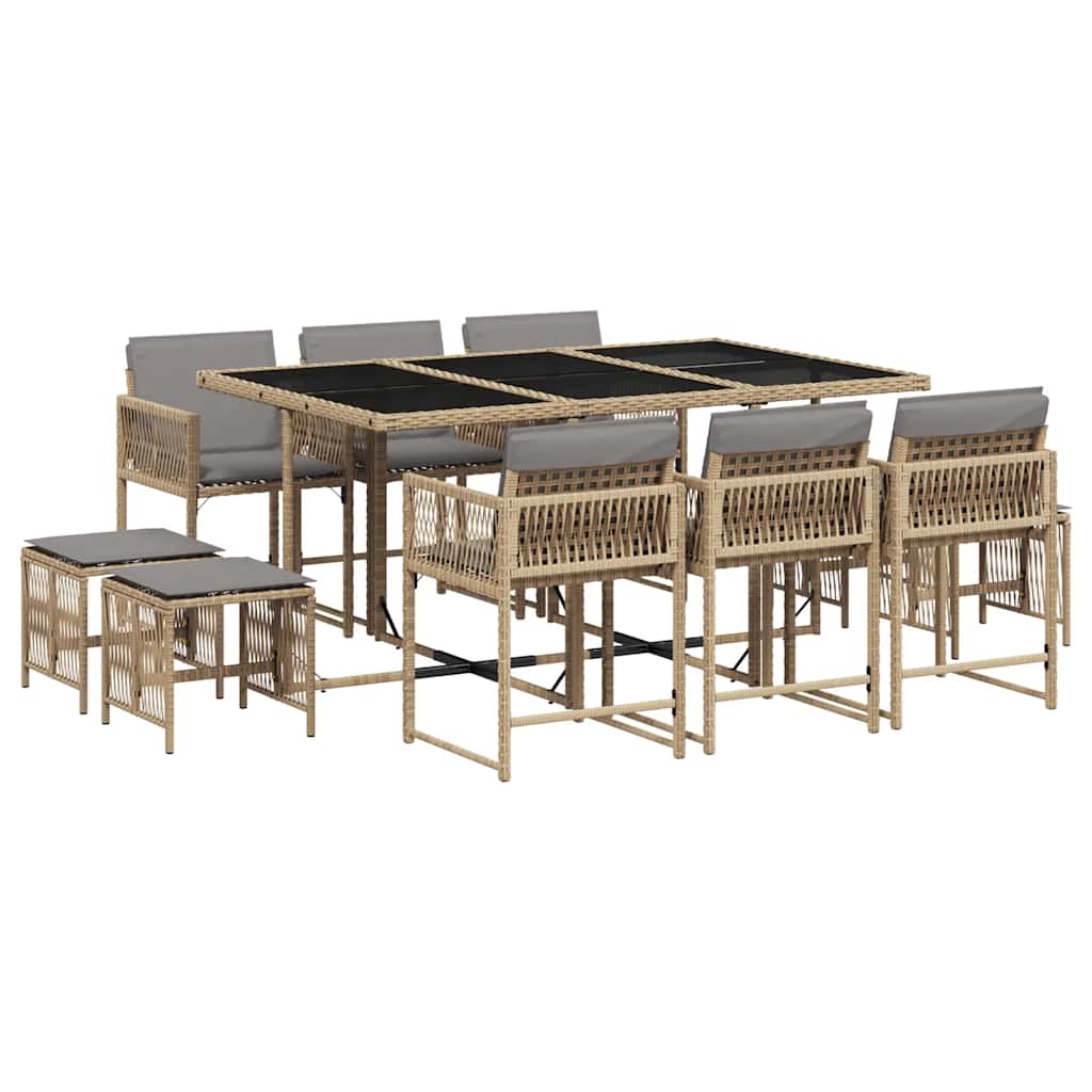 11 Piece Garden Dining Set with Cushions Mix Beige Poly Rattan